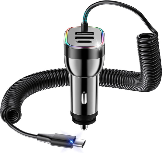 60W 4-Port USB-C & 18W USB-A QC3.0 Fast Charging Car Charger with Colorful Ring LED Light and Coiled Cable for Iphone 16 Pro Max, Iphone 15 Pro Max 14 13 12, Samsung Galaxy S24, Tablets and Laptops